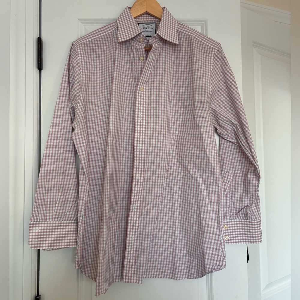 Charles Tyrwhitt Pink & White Checkered Dress Shirt Slim Fit 16 1/2 /33 in Men’s
